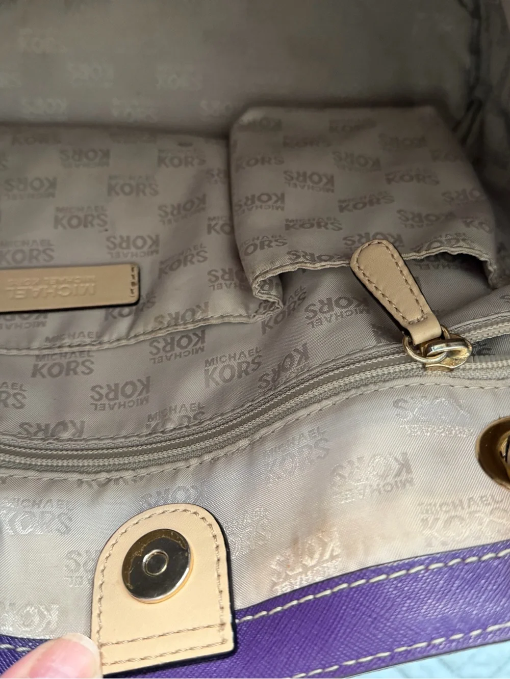 Michael Kors Purple Tote with Tan Shoulder Straps and Gold Hardware